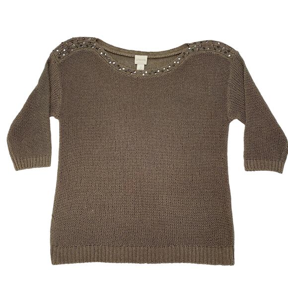 CHICOS Stone Beige Metallic Embellished Chunky Knit Pullover Sweater Medium (1) - Picture 5 of 10
